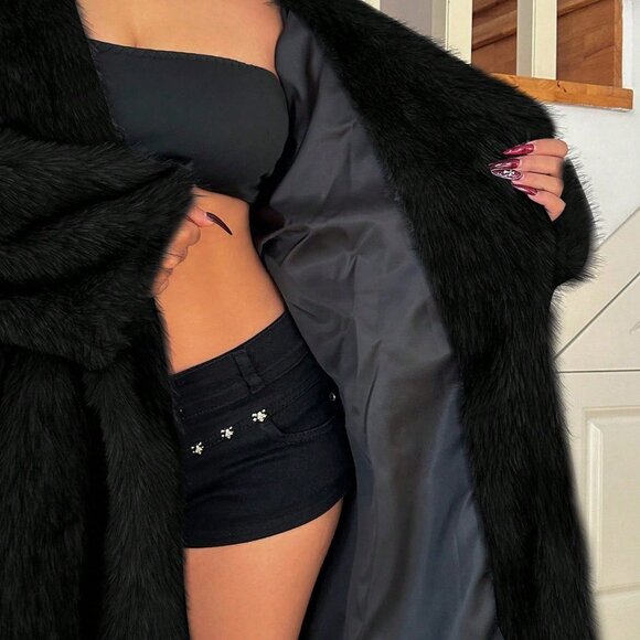 Black Preppy Women's Plus Size Long Sleeve Hooded Fluffy Coat - Picture 5 of 6